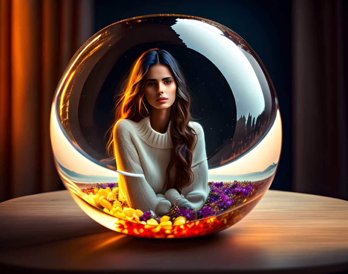 Woman surrounded by flowers in a yin-yang motif sphere.