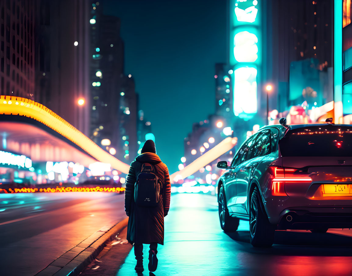 Pedestrian in hooded jacket strolling city street at night.