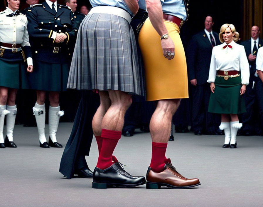 Traditional Scottish kilts with knee-high socks and dress shoes, featuring men in red and tan socks,