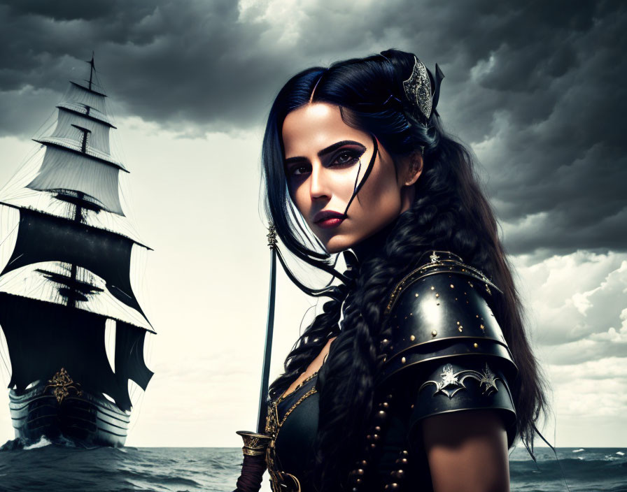 Dark-haired woman in black armor with bold makeup against cloudy sky and sailing ship