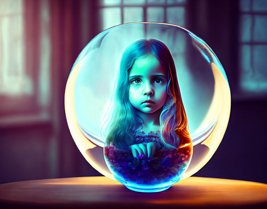 Intense young girl in luminous bubble on wooden table under dramatic lighting