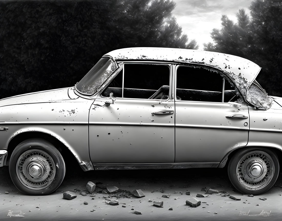 Monochrome classic car with smashed windows and glass shards.