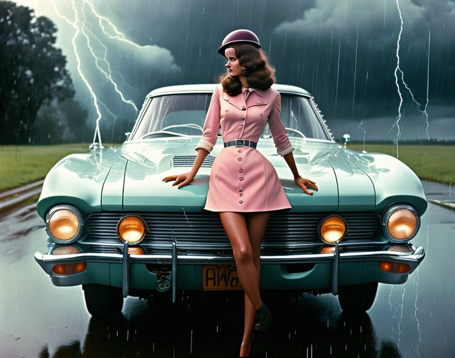 Vintage woman in pink dress and hat with classic teal car in stormy setting