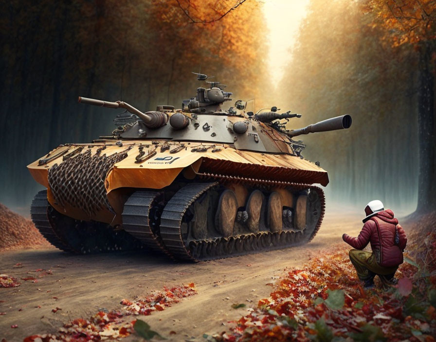 Person in Red Jacket Squatting by Tank in Autumn Forest Trail