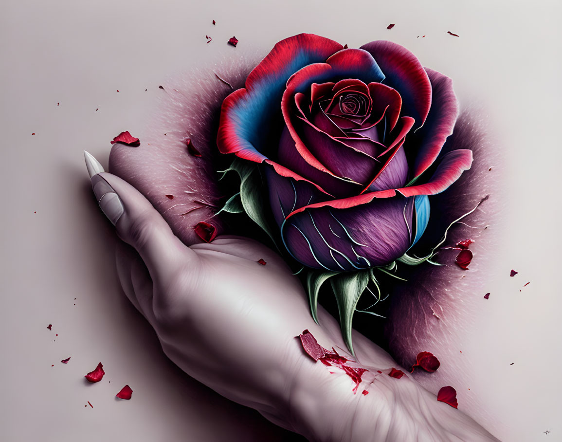 Stylized hand with sharp nails holding blooming rose and ink splatters.