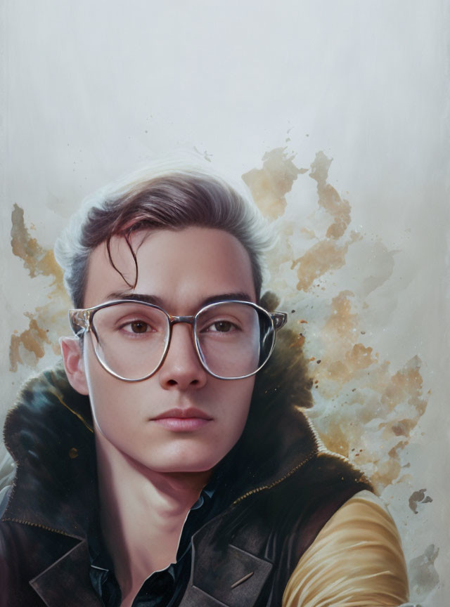 Realistic portrait of young person with glasses and styled hair against abstract beige backdrop