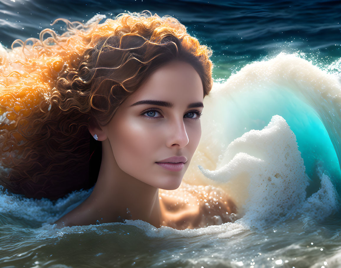 Curly-haired woman emerges from ocean with sunlight and wave cresting behind her.