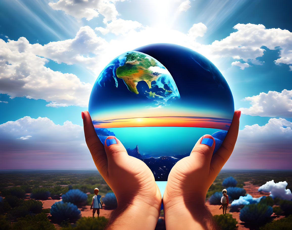 Hands holding glowing globe with Earth-like landscape under bright sky