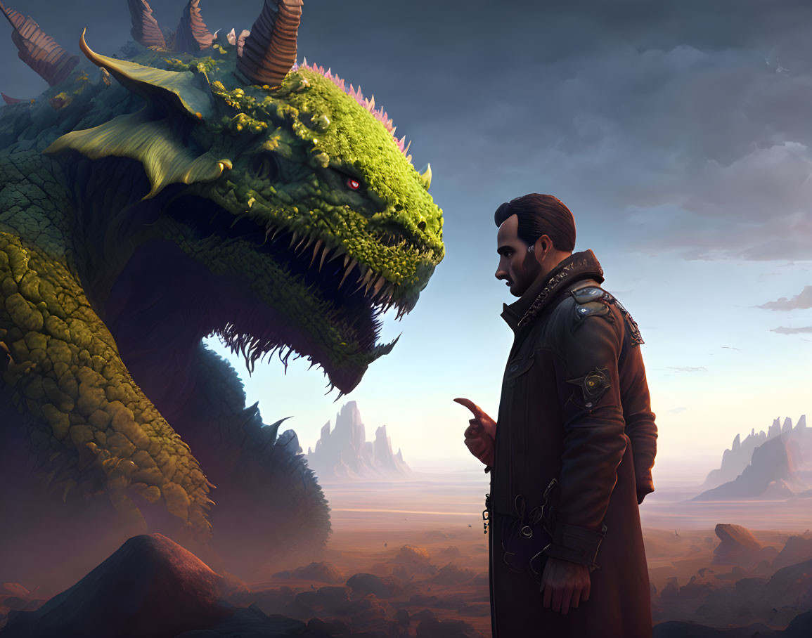 Man in leather jacket confronts green dragon in rocky landscape