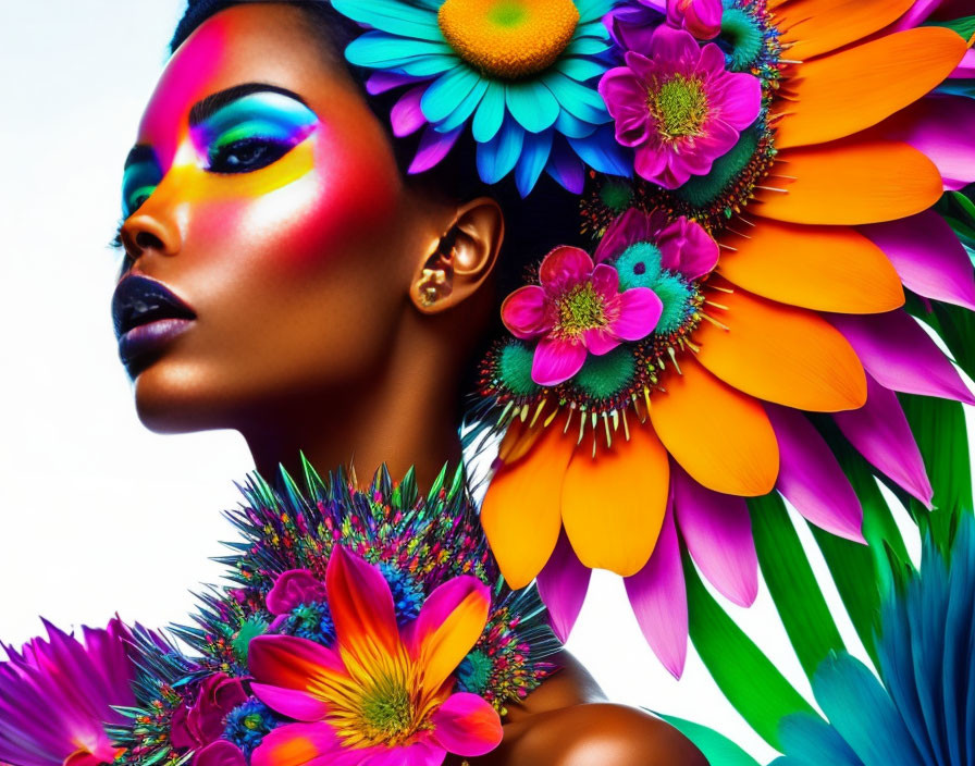 Colorful makeup and floral adornments on a woman in vibrant portrait.