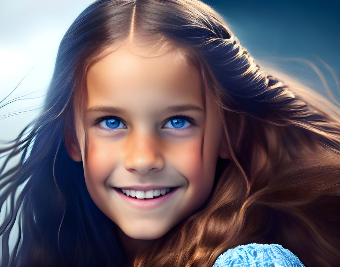 Young girl with blue eyes, wavy brown hair, and fair skin in soft glow