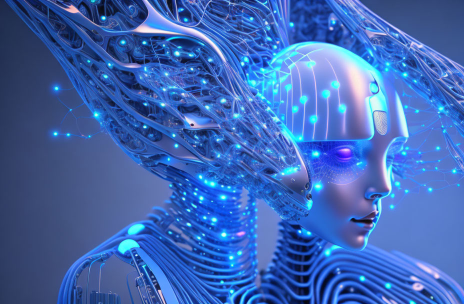 Detailed 3D humanoid robot illustration with intricate wiring and blue lights on blue background