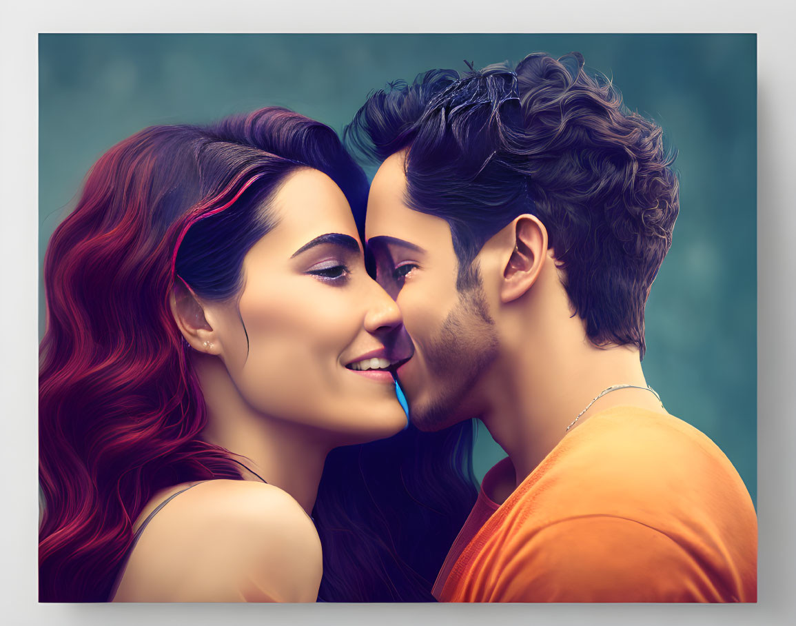 Digital painting of romantic couple touching foreheads with red-haired woman and stubbled man.