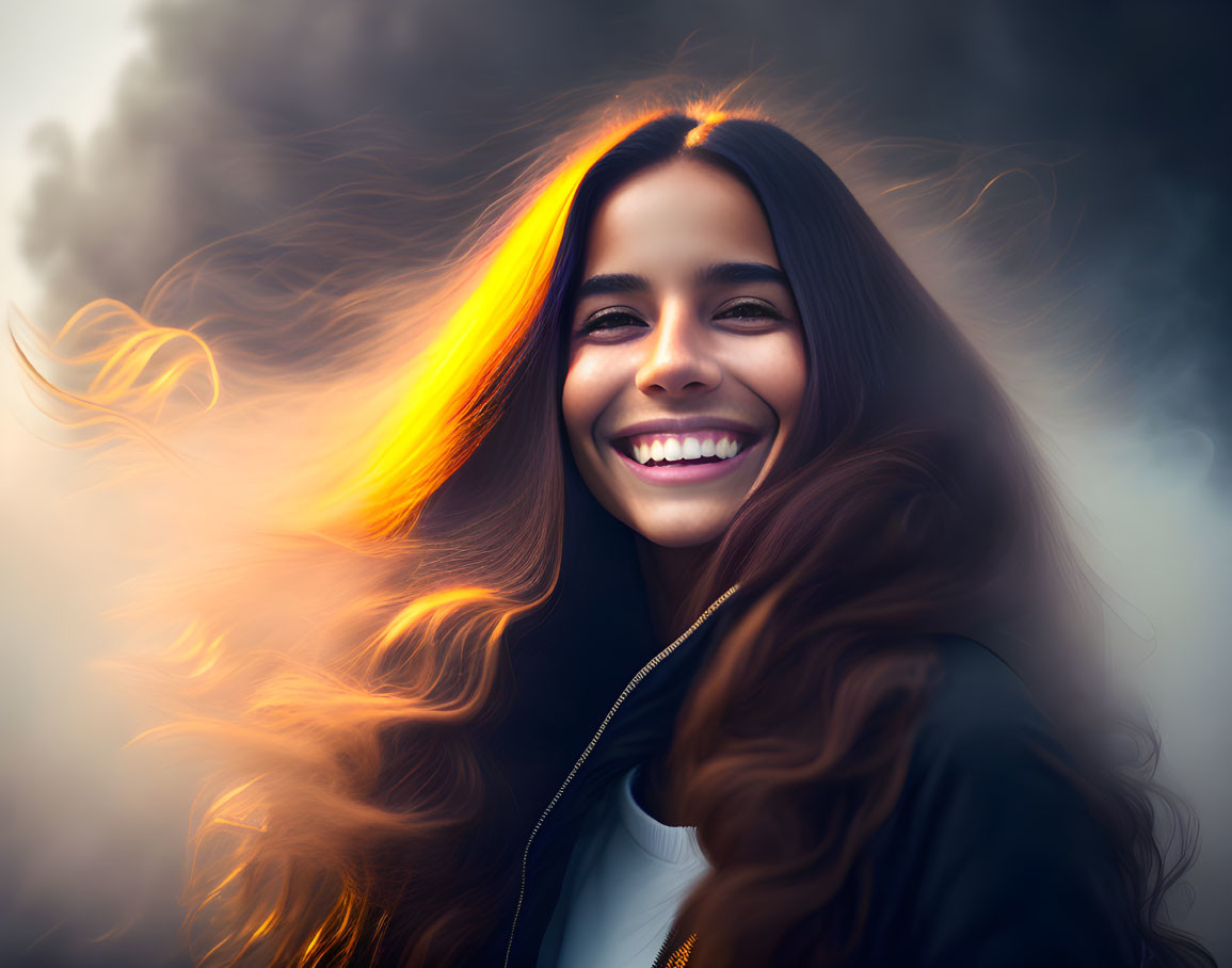 Smiling woman with flowing flame hair on smoky background