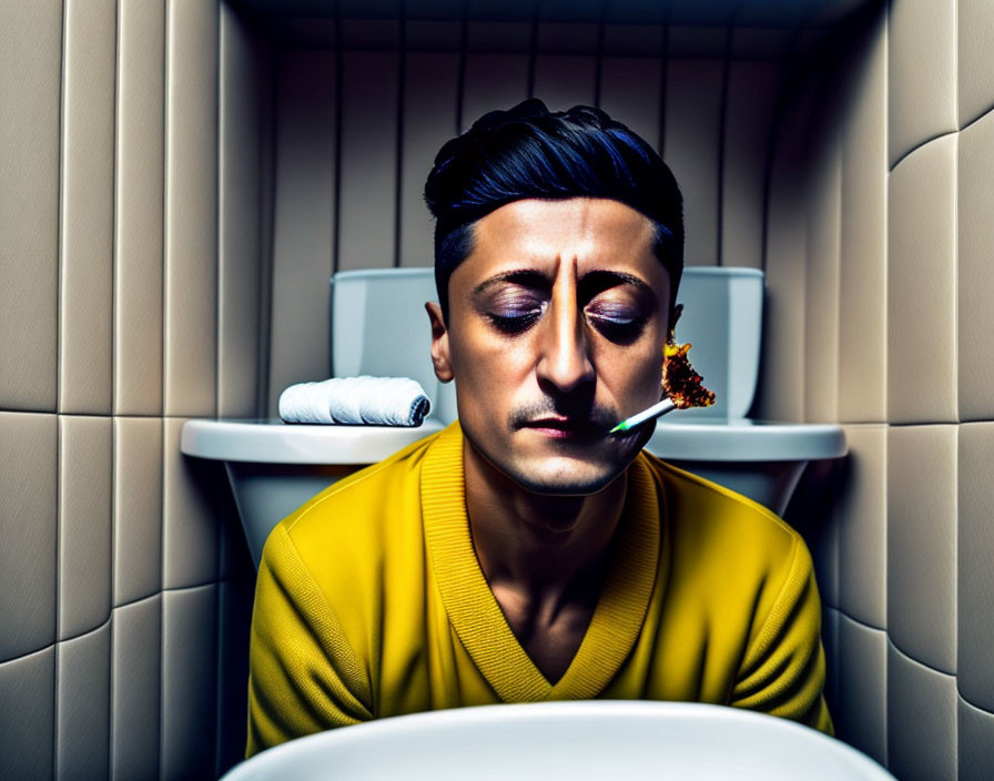 Man in yellow shirt with closed eyes holding cigarette in cramped beige space