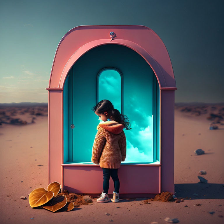 Young girl gazes through pink arched door in desert landscape