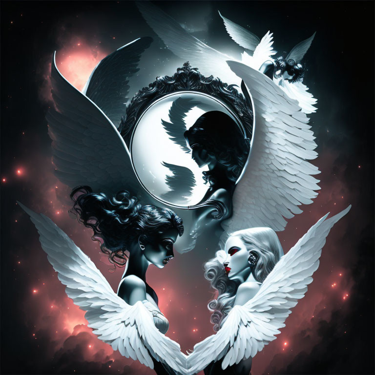 Digital art: Yin-Yang faces with wings on cosmic background