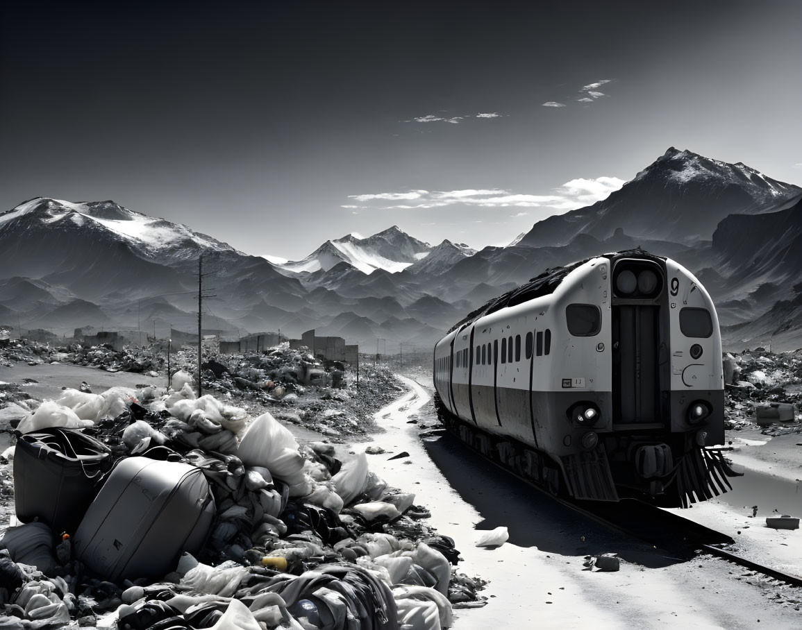 Snow-covered landscape with train, garbage, mountains, and hazy sky