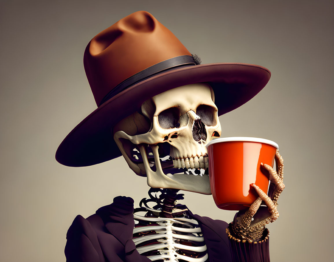 Skeleton in hat and suit with coffee cup on beige background