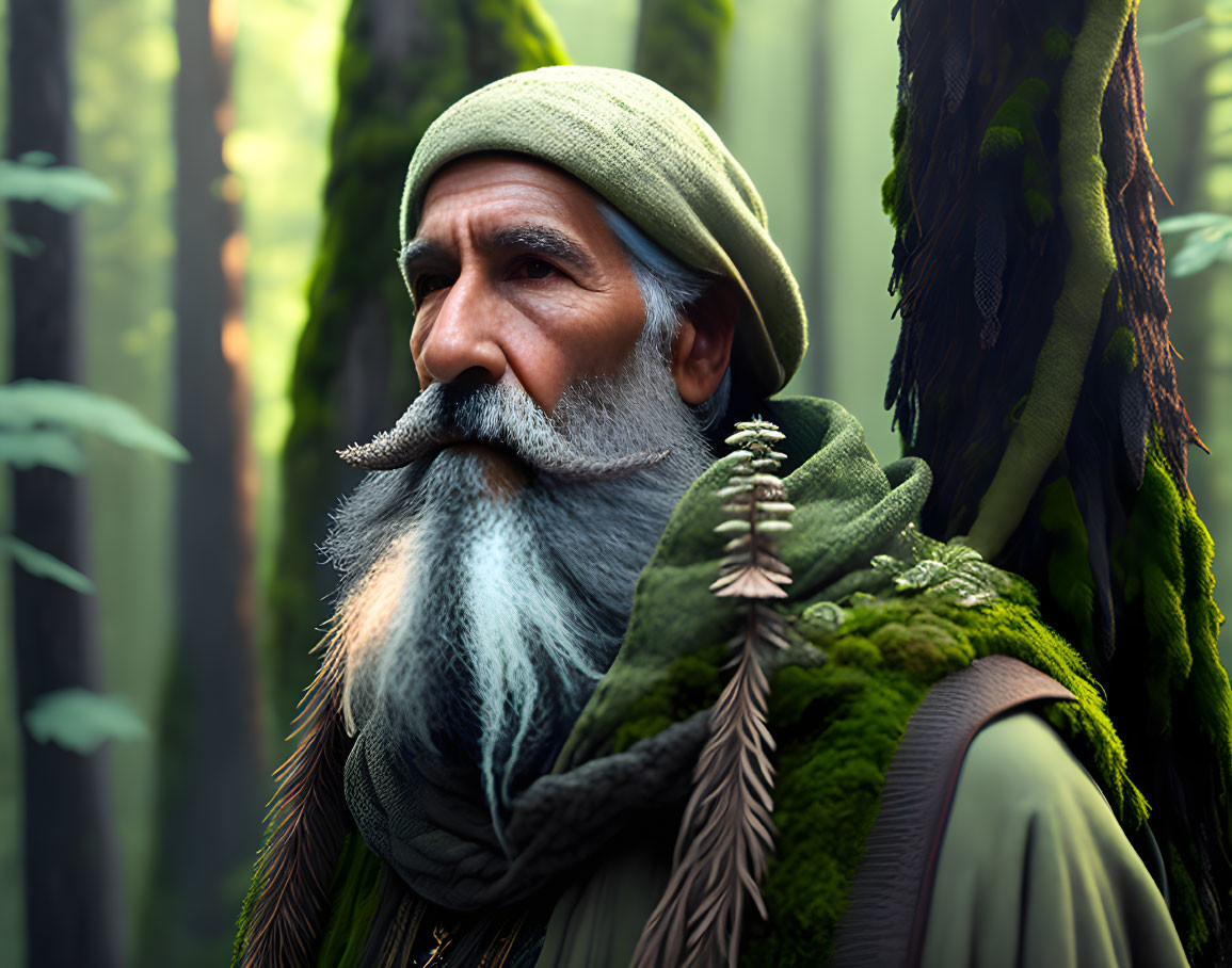 Elderly man with green beret and cape in mossy forest portrait