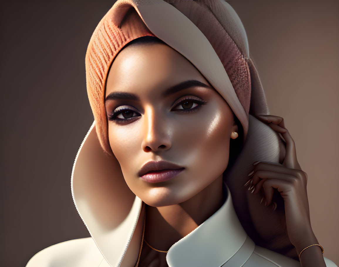 Portrait of woman with striking eyes in beige headscarf and high-neck top