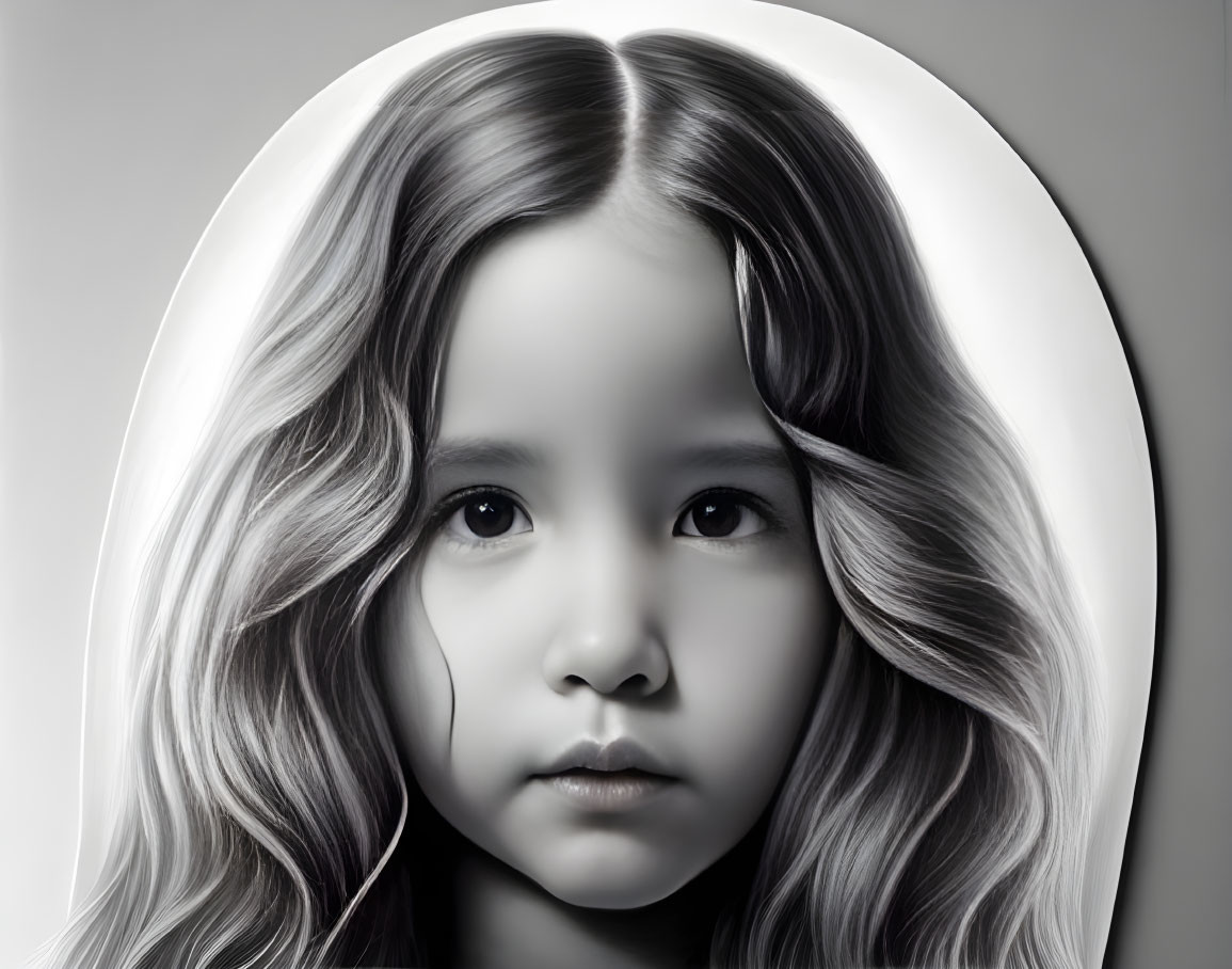 Detailed black and white portrait of a young girl with long wavy hair