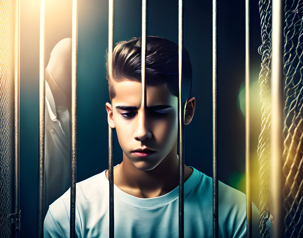 Serious young man behind bars with contrasting shadows and highlights