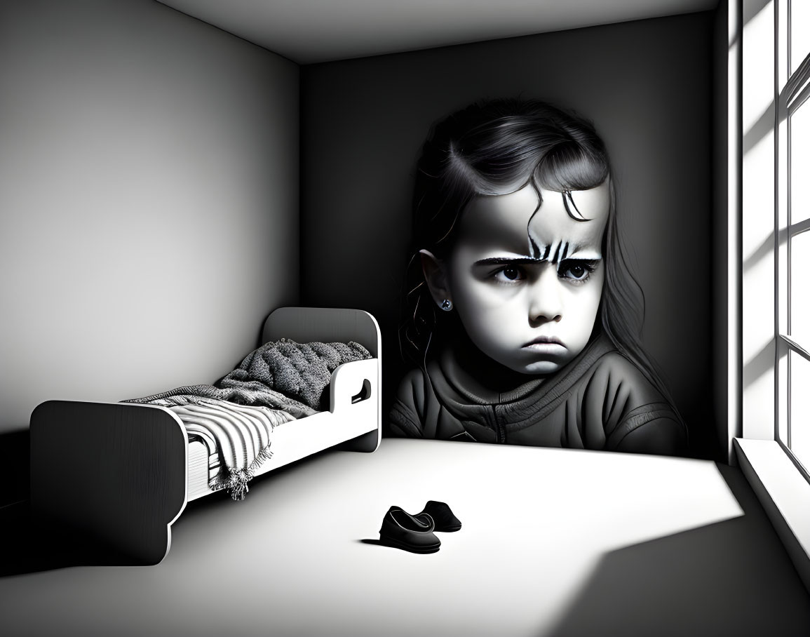 Monochrome illustration of pensive young girl in sparse room