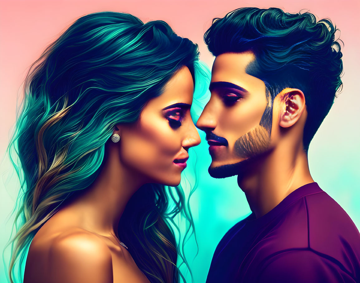 Profile portrait of man and woman in deep eye contact on vibrant backdrop