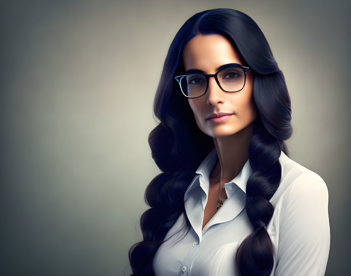 Stylized portrait of a woman with long wavy hair and glasses