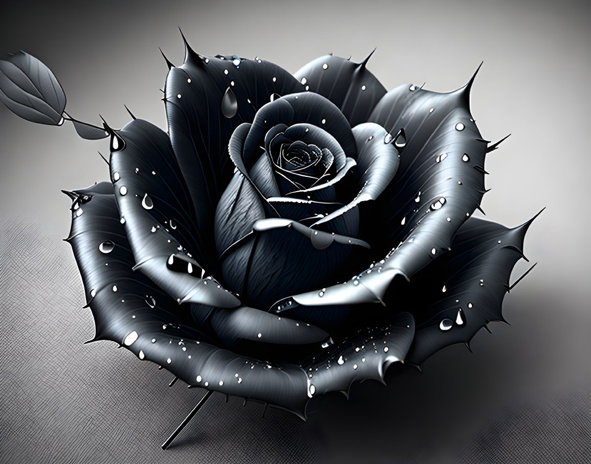 Detailed digital black rose illustration with water droplets on grayscale.