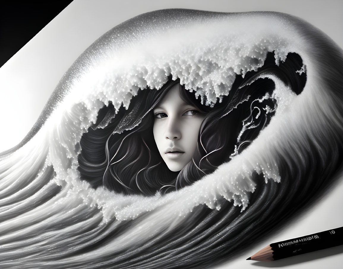 Monochrome girl's face illustration with wave-like hair swirl and foam details.