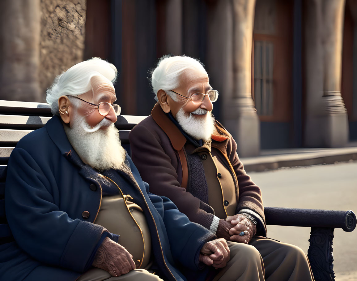 Elderly animated men with white beards and glasses sitting on bench