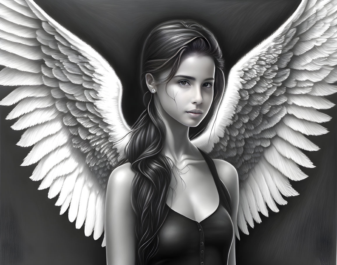 Monochrome art: Woman with detailed wings, angelic aura