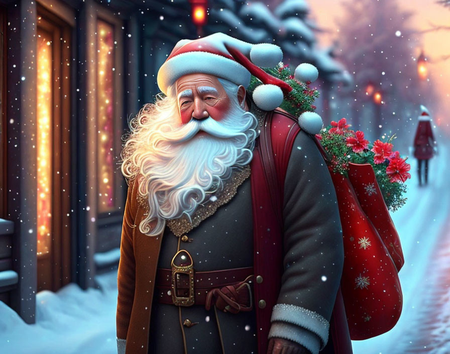 Cheerful Santa Claus with white beard in snowy street