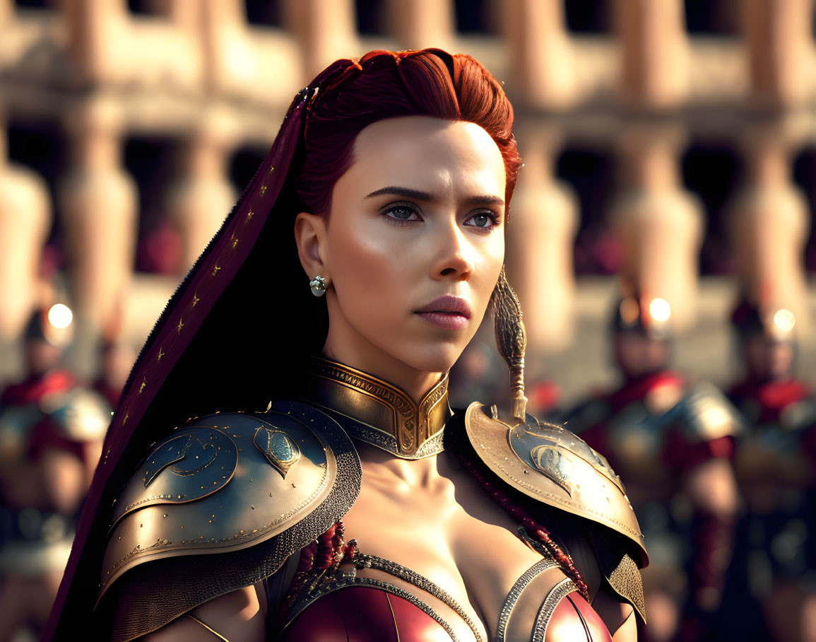 Female warrior in red hair and ornate armor amidst soldiers and amphitheater.