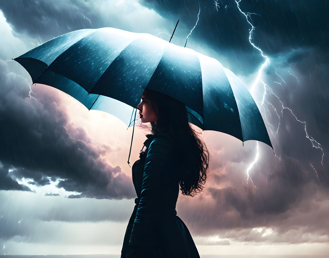 Woman with umbrella under stormy sky and lightning flashes