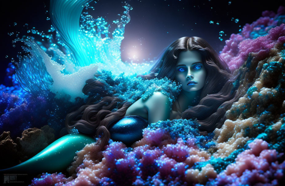 Mermaid digital art: flowing hair, shimmering tail, vibrant coral, mystical light.