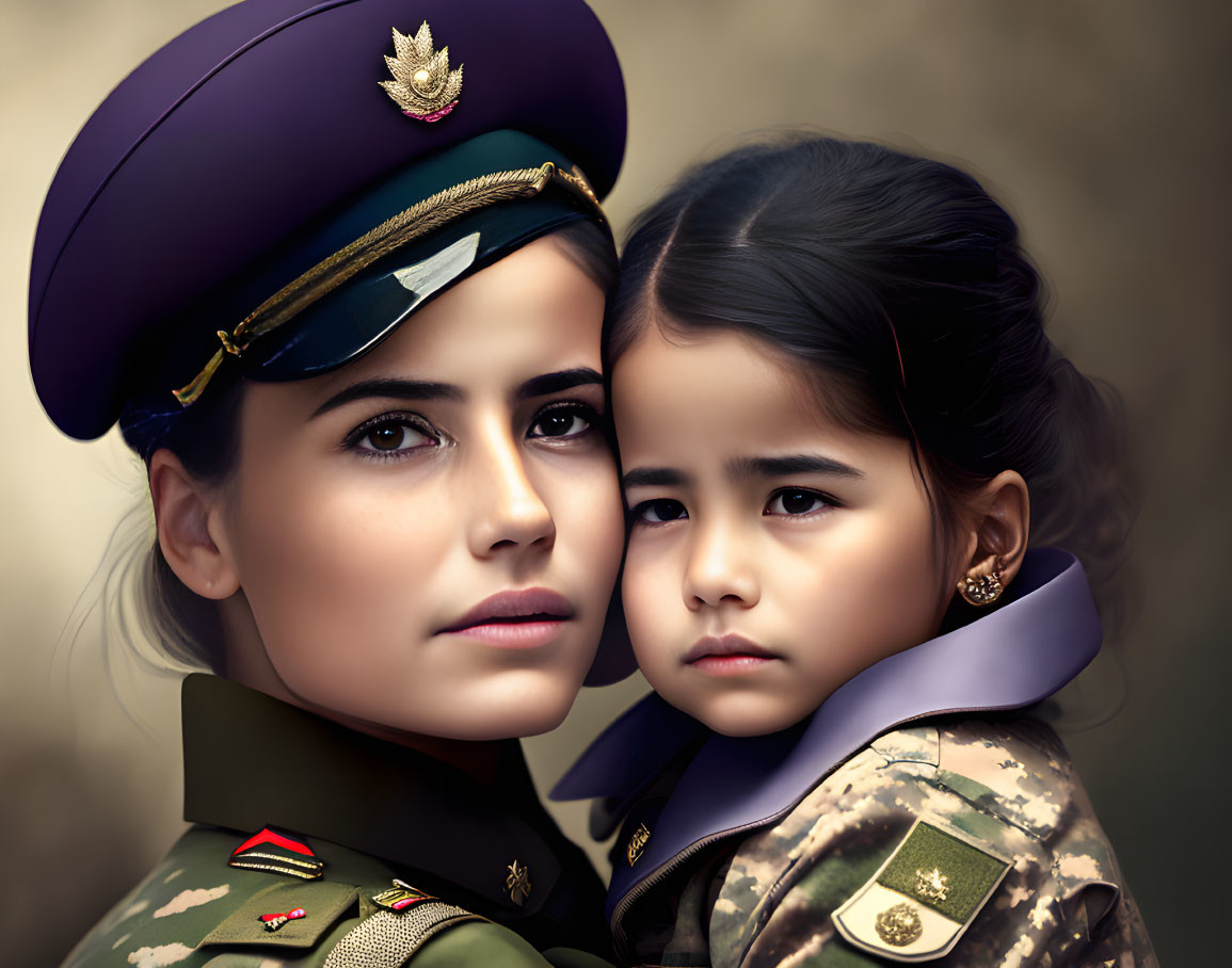 Military woman in uniform embracing child with serious expression