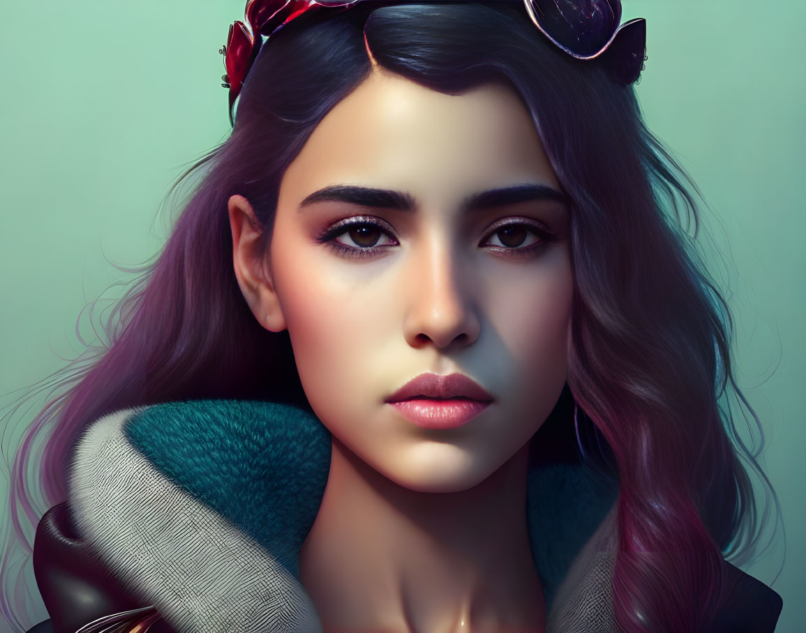 Portrait of woman with ombre hair, cat-eye sunglasses, and fur collar jacket