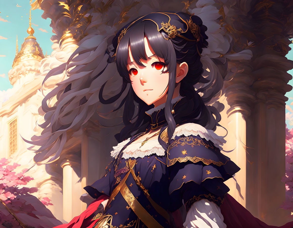 Anime-style female character with dark hair and red eyes in blue and gold outfit against pink blossoms and