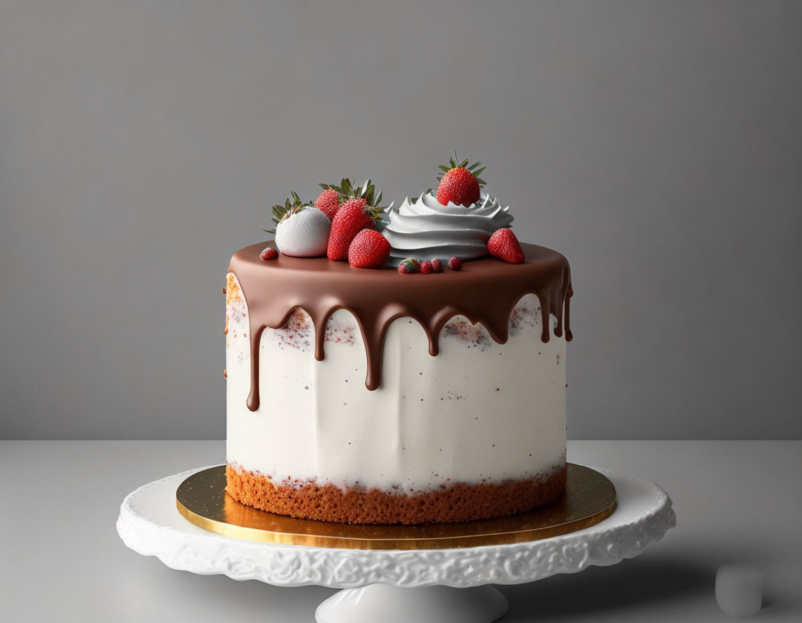 Round cake with white frosting, chocolate ganache, strawberries, and whipped cream on stand