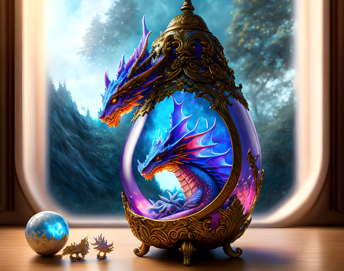 Ornate hourglass with dragon, miniature dragon, and marble on wooden surface with forest backdrop.