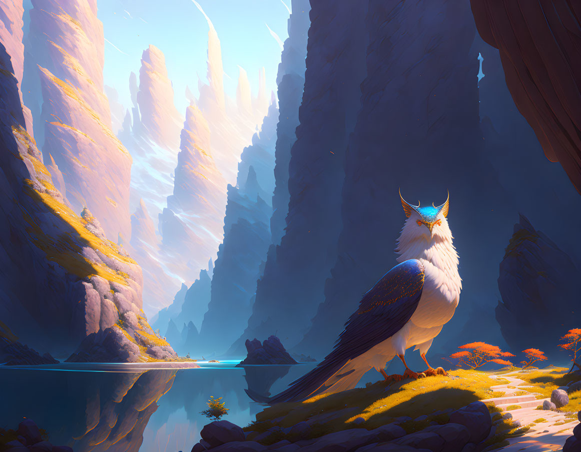 White and Blue Bird-Like Creature by Tranquil Lake and Cliffs