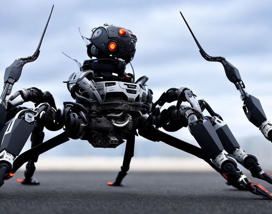 Menacing robot spider with red eyes and multiple legs on tarmac.