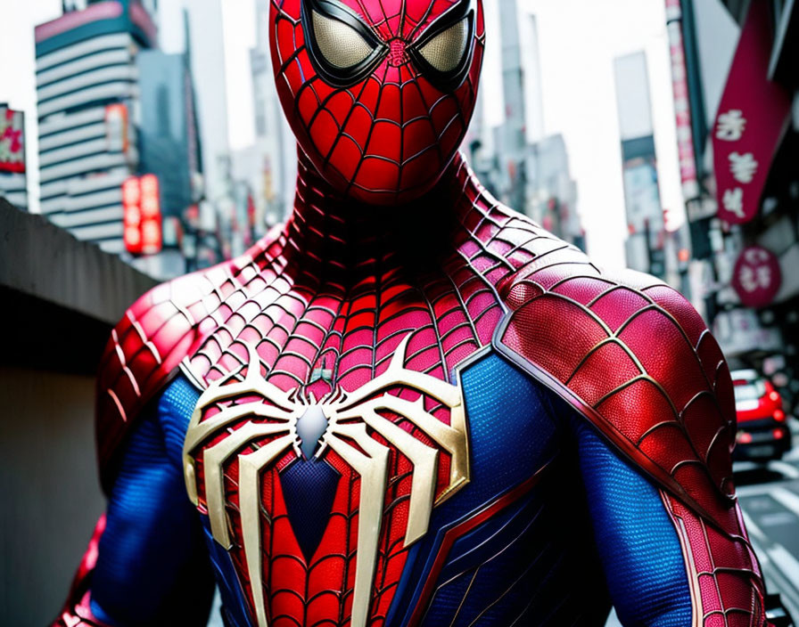 Detailed Spider-Man Costume in City Setting: Close-Up on Textured Suit & Iconic Spider Emblem