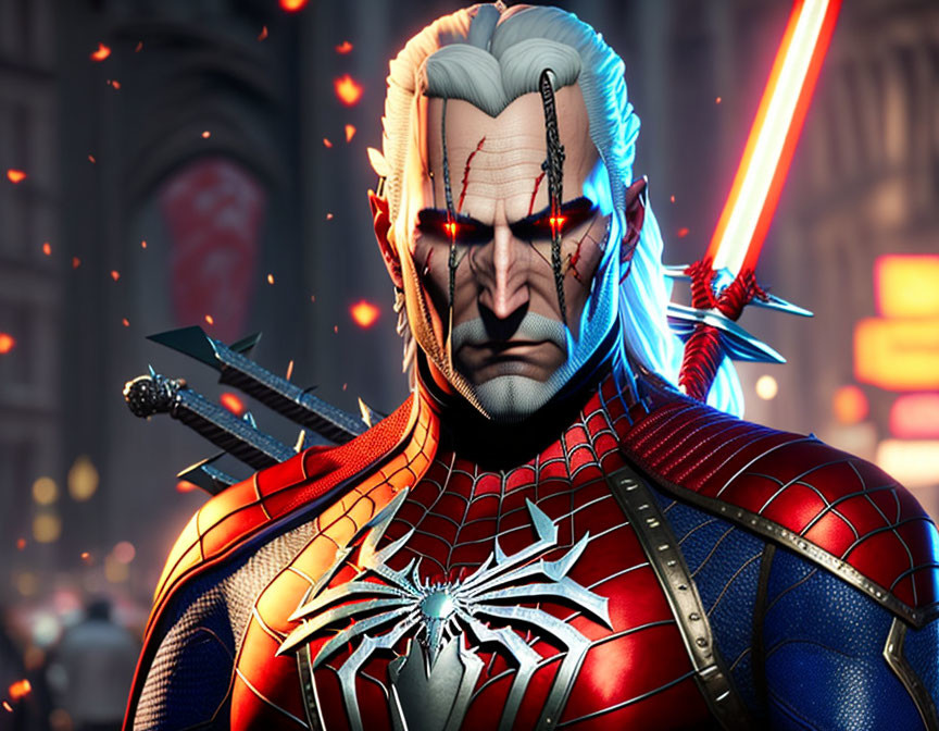 Stylized character with white hair and red glowing eyes in red and blue suit against city lights