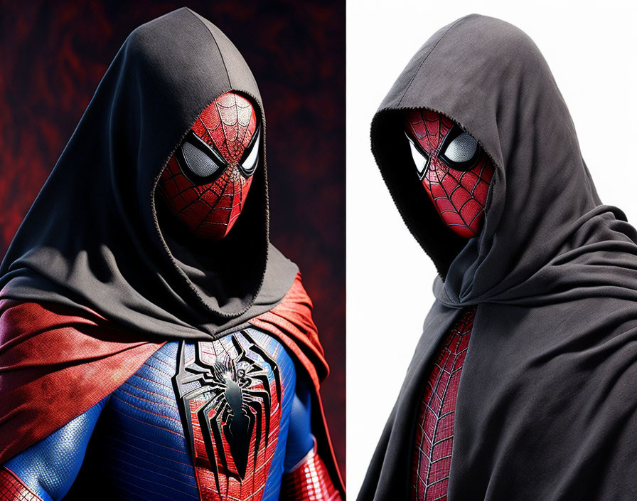 Person in Spider-Man costume with hood in two images