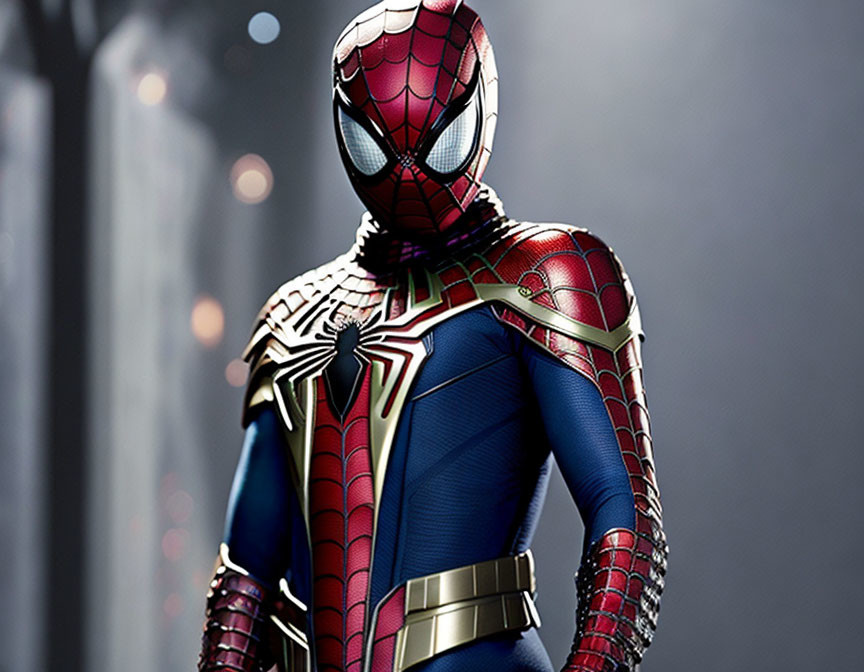 Detailed Spider-Man Costume Against Blurred Metallic Background