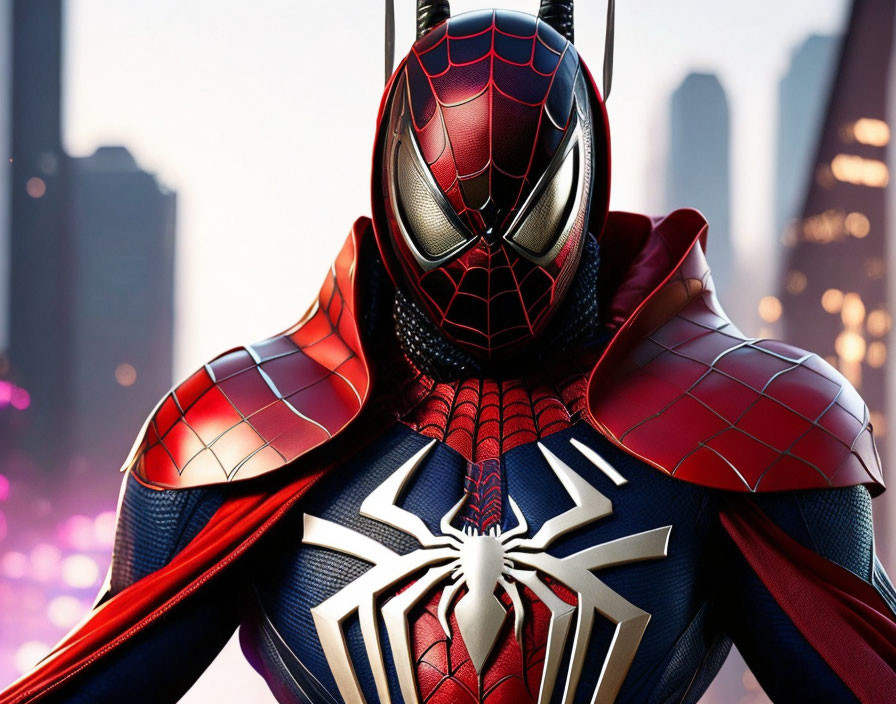 Detailed Spider-Man suit in red and blue with spider emblem, city backdrop at dusk